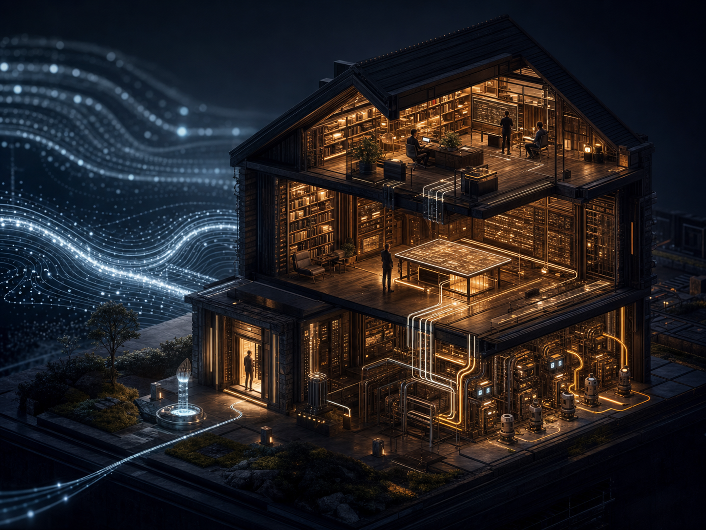 Cinematic cutaway architecture of a digital home showing warm interior rooms, automation pathways, and controlled signal flow